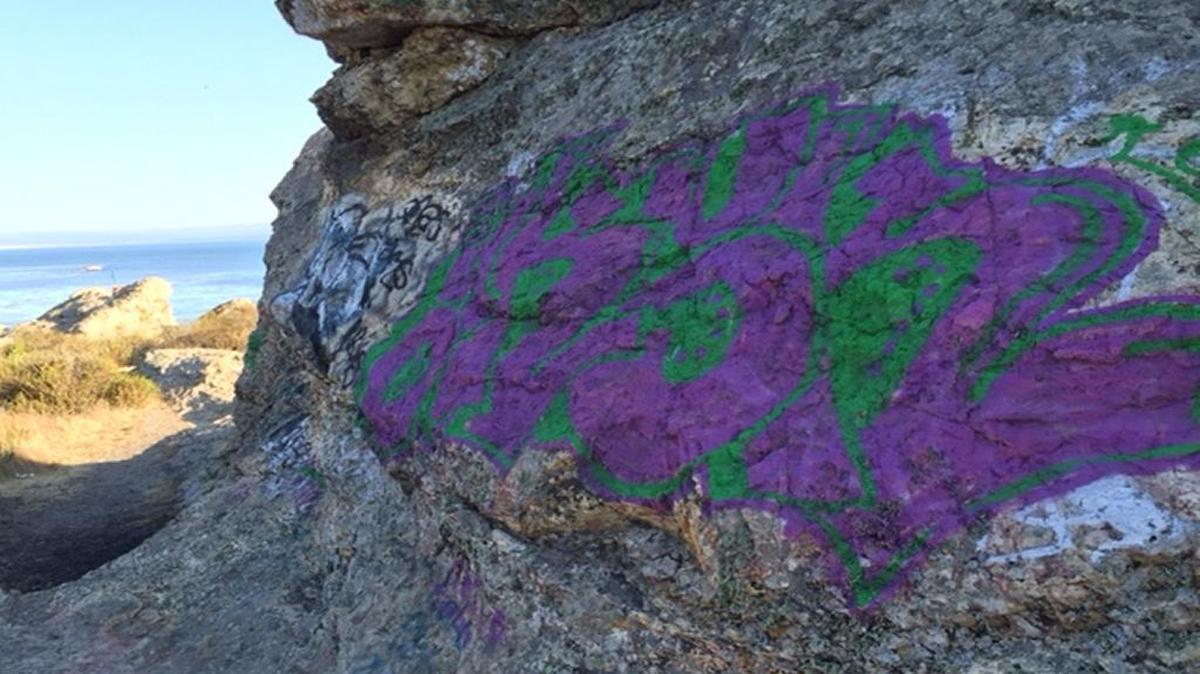 A rock at Pirate’s Cove is vandalized with graffiti.