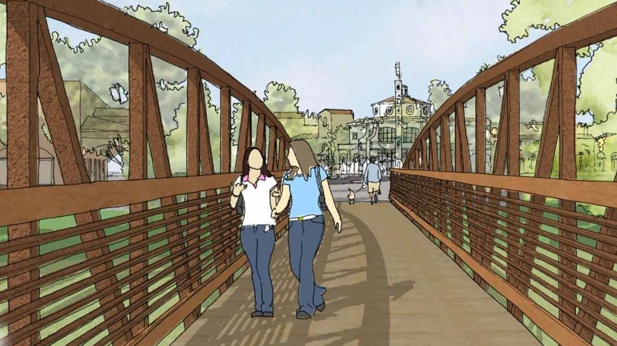 A rendering of the proposed pedestrian bridge over Atascadero Creek looks toward Colony Square and Galaxy Theatres.