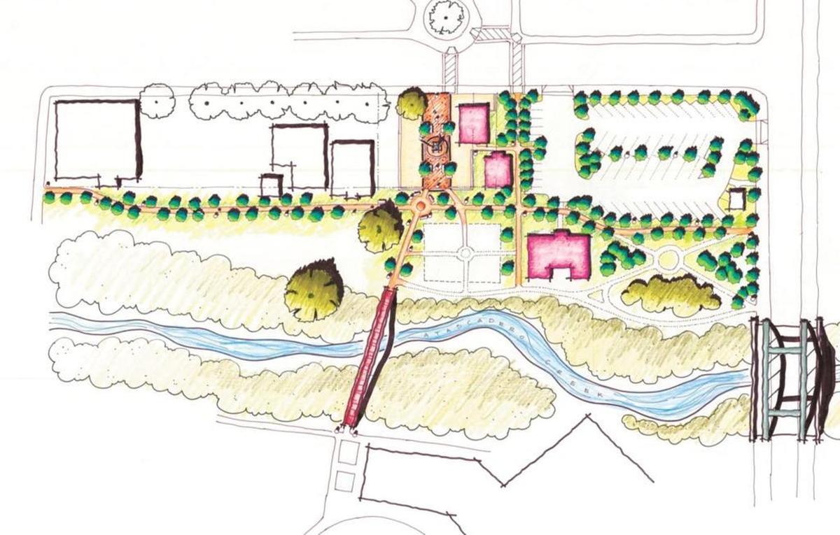 A rendering of the recently completed Centennial Plaza shows how the area alond Atascadero Creek has been improved with a new pedestrian bridge and walking paths.