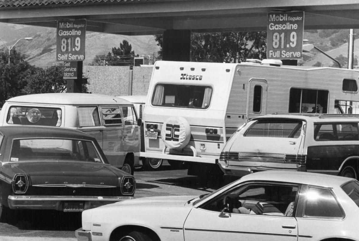 In May 1979, nearly a dozen cars line up for gas at a station at Foothill Boulevard and N. Chorro Street in San Luis Obispo. The station put up an “out of gas” sign next morning.