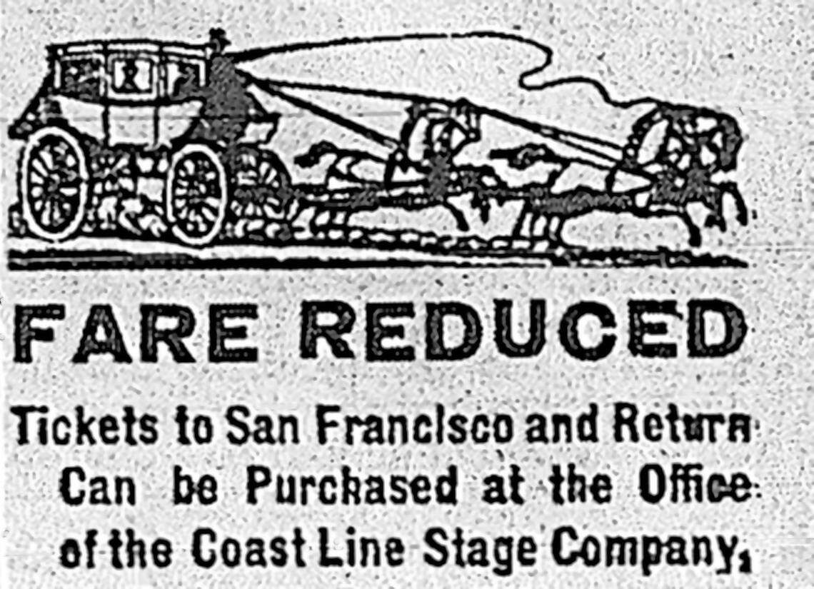 In this advertisement from the July 29, 1876, San Luis Obispo Tribune, the Coast Line Stage Company offers connections from San Luis Obispo to San Francisco and Los Angeles.