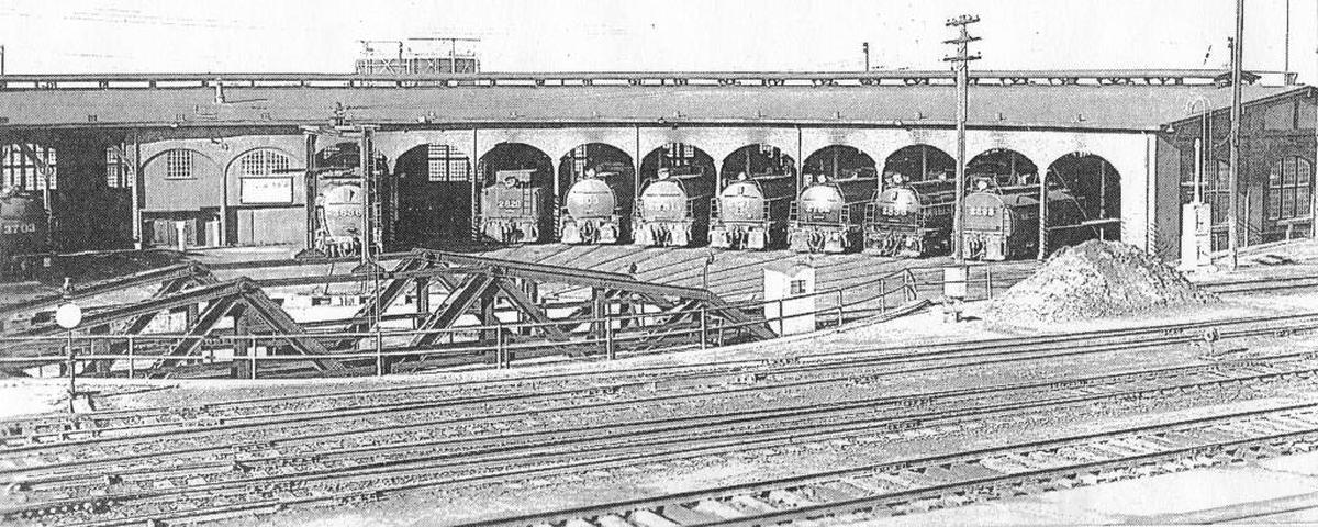The San Luis Obispo Southern Pacific Railroad roundhouse in 1953. The last of Southern Pacific’s steam locomotives pulled out of the roundhouse in September 1956.