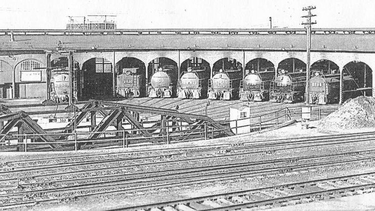 The San Luis Obispo Southern Pacific Railroad roundhouse in 1953. The last of Southern Pacific’s steam locomotives pulled out of the roundhouse in September 1956.