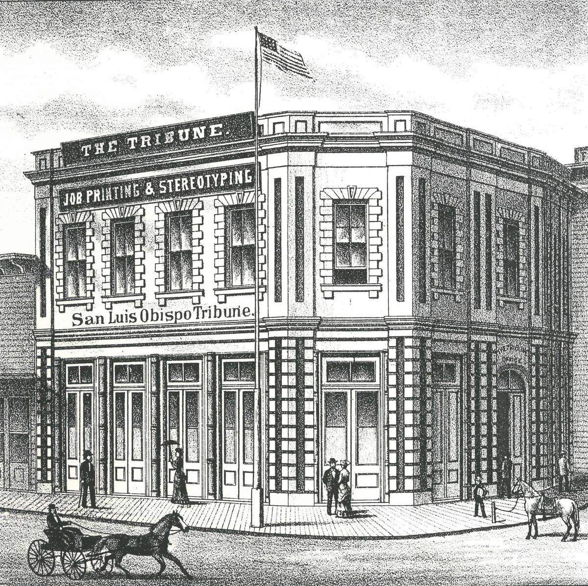 The Tribune moved to the Lasar building in the late 1870s, upstairs over the Chicago Brewery. It was at the entry to today’s Mission Plaza at the corner of Chorro and Monterey. It was demolished in August 1957.