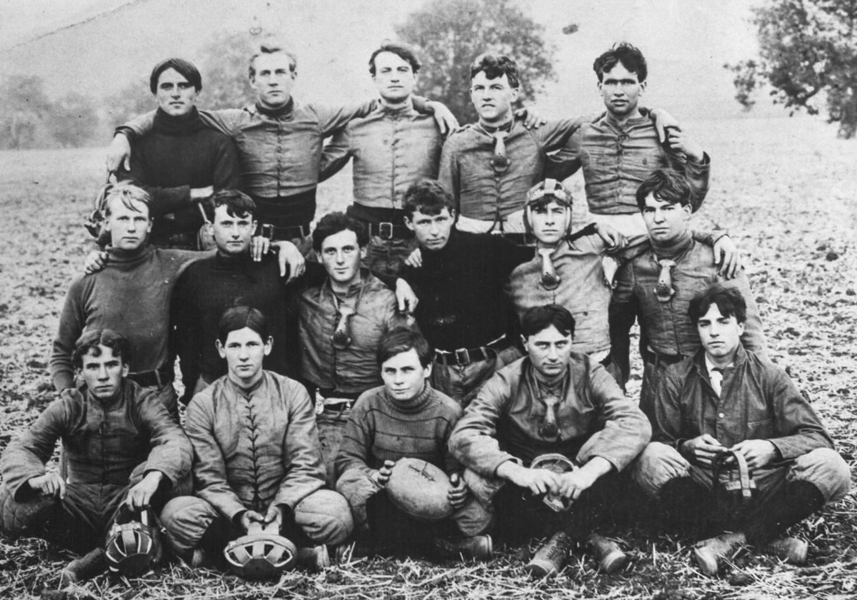 Football players pose for a picture at Cal Poly in San Luis Obispo in the early 1900s. Front. left to right, they are Allan Bishop, Archie Cheda, Hollis Hyde, Henry Pezzoni, Valentine Droughard. Middle row, Francis Buck, Avery Kennedy, Nathan Lewin, Douglas Wood, Sam Cook and Eugene Steinbeck. Back Row, Gus Wade, Kent Knowlton, Carl Tout, Pierce (given name not known), Gred Grant.