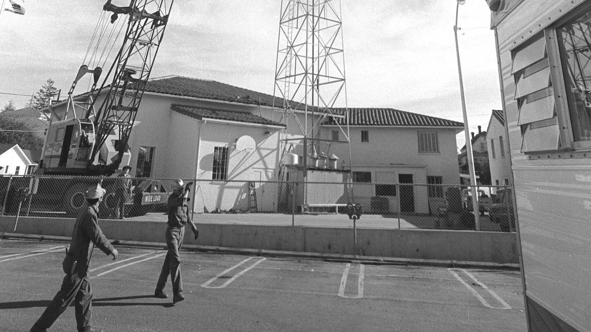 Ferdinand the fire horn is retired and the 100-foot-tall tower is dismantled at the San Luis Obispo fire station, then on Pismo Street, in 1965.