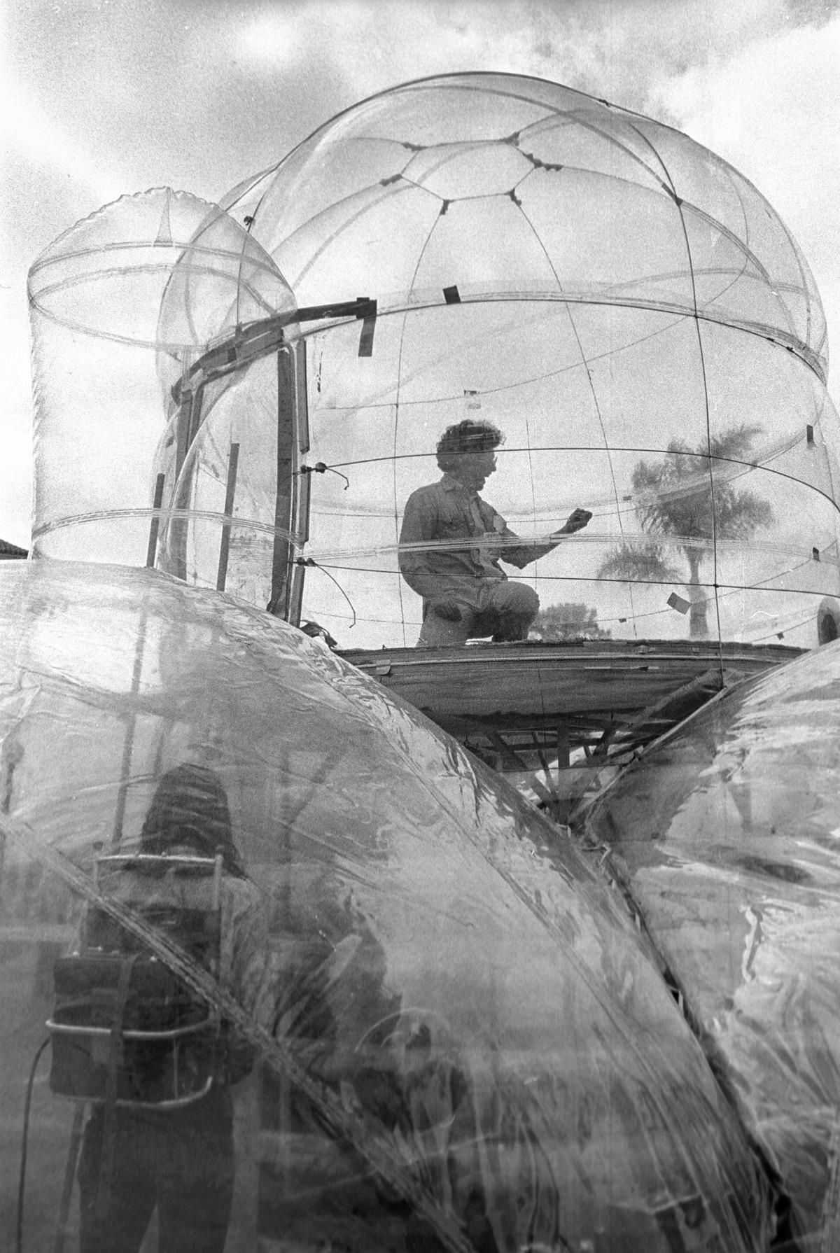 Cal Poly students built a 4 bubble experimental air house with two levels in 1973 and displayed it at Poly Royal. The second floor was supported by air pressure.