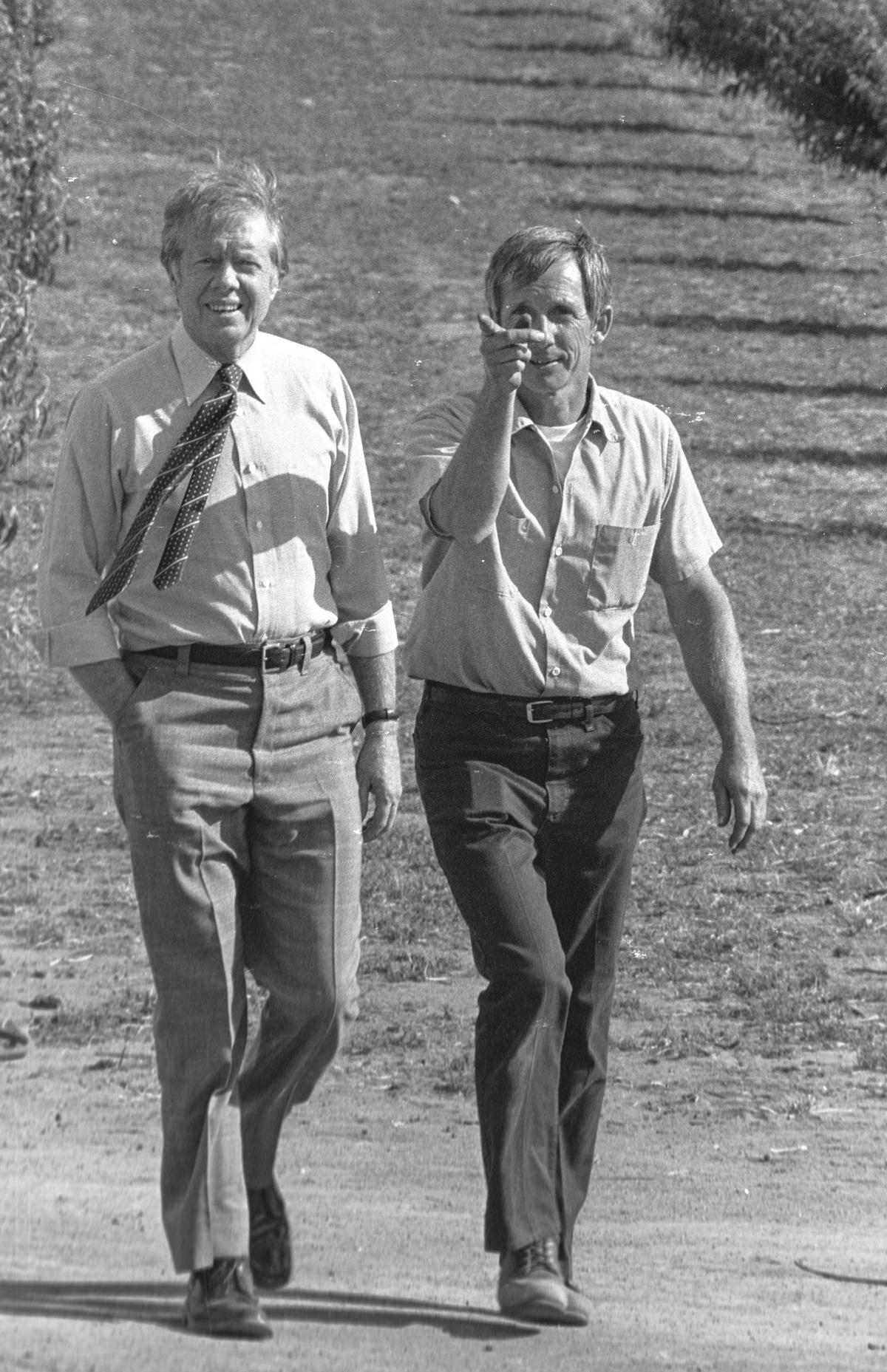 President Jimmy Carter visits Fresno and talks to San Joaquin Valley farmer Charles Kryder about the drought on a day trip to California on May 17, 1977.