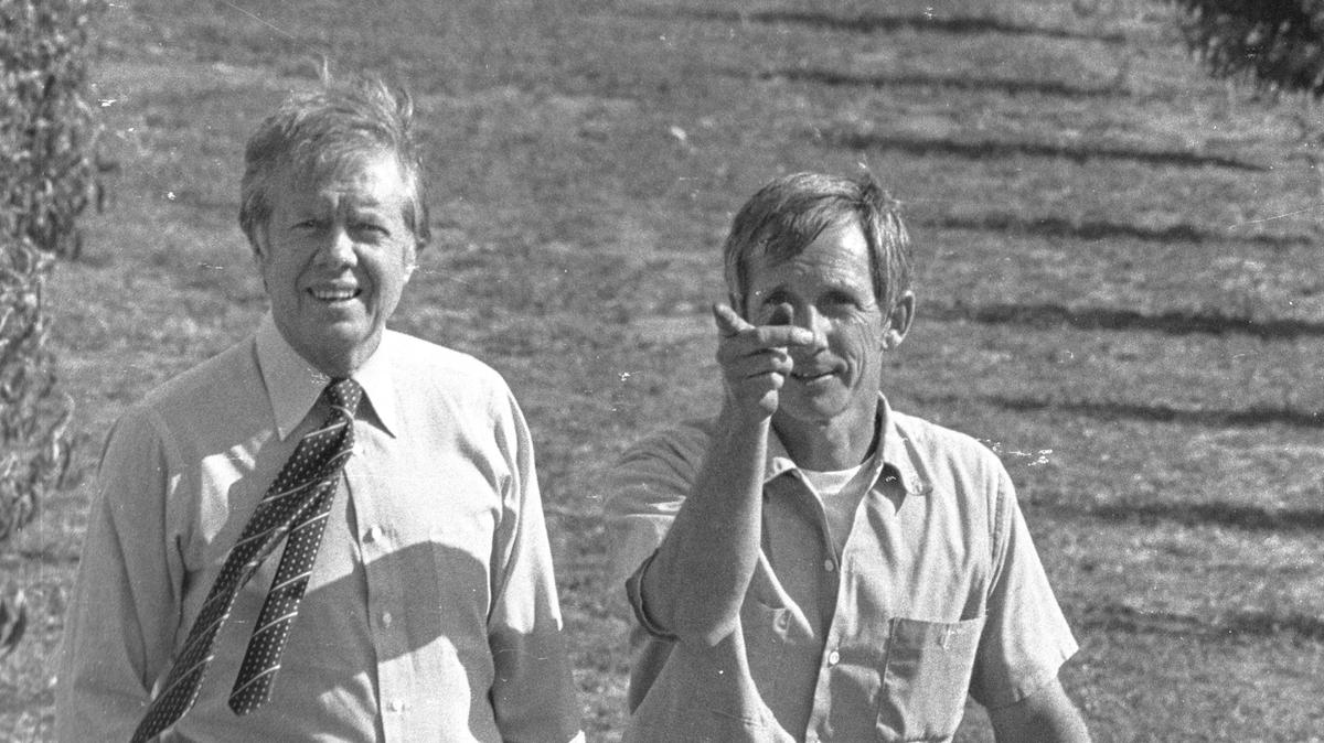 President Jimmy Carter visits Fresno and talks to San Joaquin Valley farmer Charles Kryder about the drought on a day trip to California on May 17, 1977.