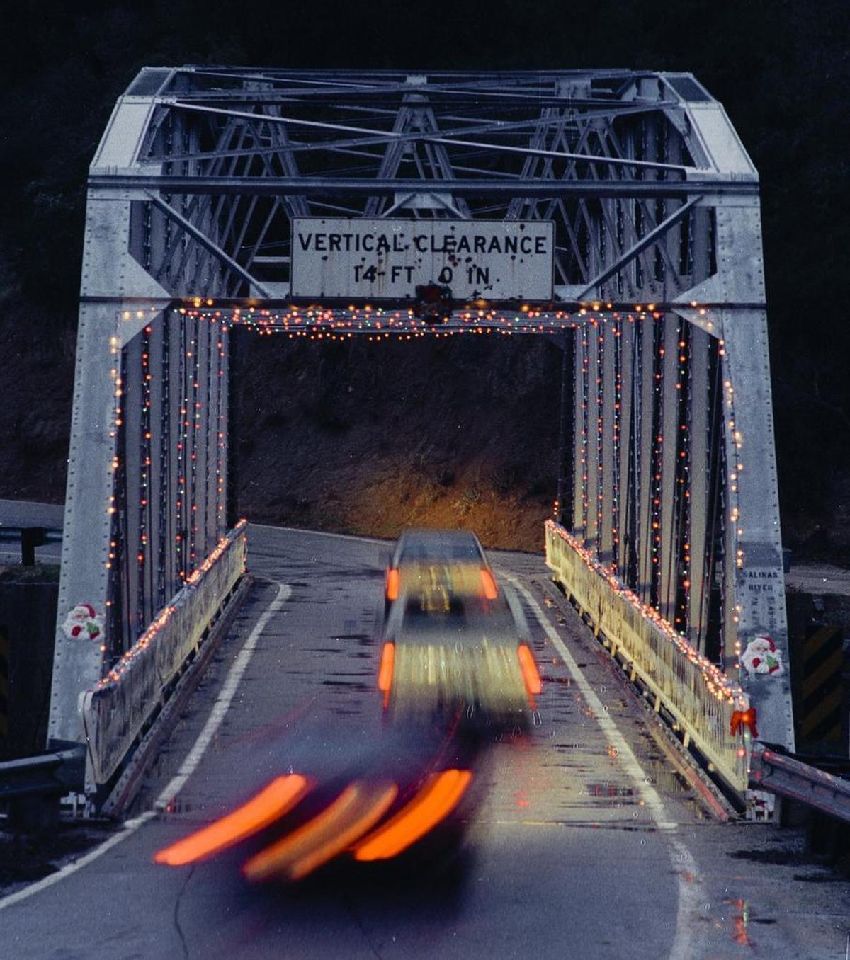 Bridge over Highway 58 at the Salinas River was decorated with Christmas lights by Santa’s helper.