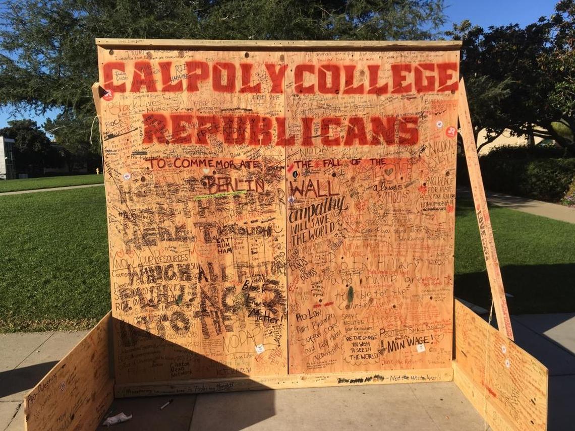 The Free Speech Wall had many examples of anonymous intolerance written on it in November 2016. The wall was erected near Dexter Lawn by the Cal Poly College Republicans.