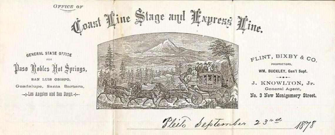 The Coast Line Stage and Express Line carried mail, passengers and packages through San Luis Obispo County. Pleito was a stage stop near the upper end of present day Lake San Antonio.