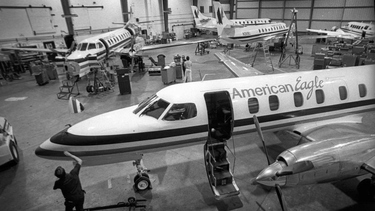 A maintenance crew works on several of the Wings West/American Eagle fleet. Wings West/American Eagle once had headquarters in San Luis Obispo with 250 employees. They maintained their fleet of aircraft at San Luis Obispo Airport.