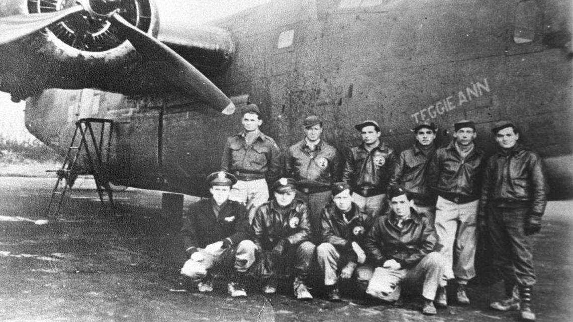 Peder Heller as a young man in the 1940s, top left, with his crewmates on the “Teggie Ann,” part of the 409th squadron of the 93rd Bomb Group.