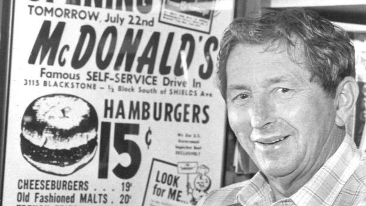 Art Bender of Shell Beach, with an ad for McDonald’s first franchise in Fresno and the spatula that flipped the 50 billionth hamburger.