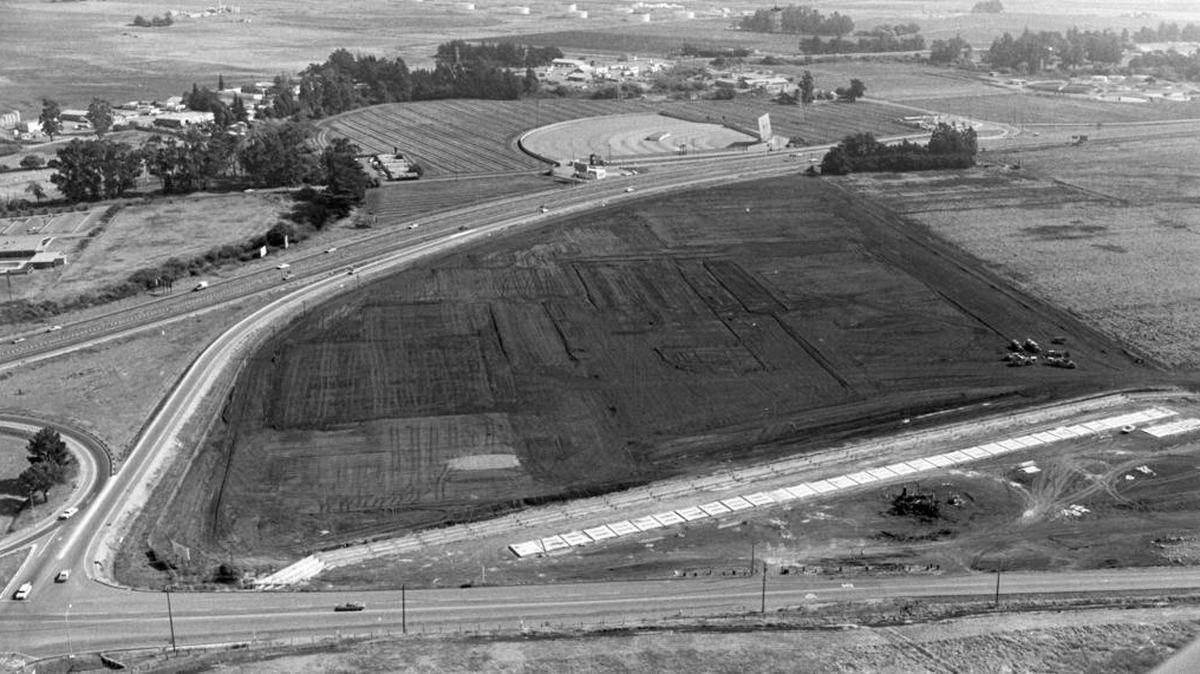 The Madonna Plaza construction site circa late 1967. Union Oil tank farm is at top edge of photo, below that is Sunset Drive-in. The first park and shop shopping center next to Highway 101 cost $5 million and was said to the the largest between Santa Barbara and Salinas-Monterey.