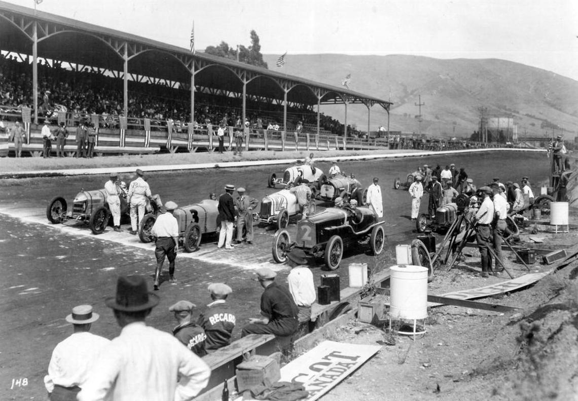 Universal Pictures cameras get ready to shoot a take of “Sporting Life” at Exposition Park. From 1923 to 1925 Exposition Park in San Luis Obispo was the fastest automobile dirt racetrack in the west.