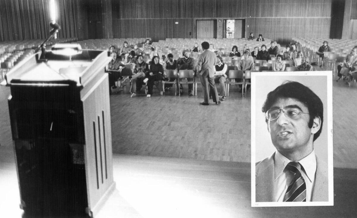 Leon Panetta talks at Chumash Auditorium at Cal Poly. The crowd was small so he bypassed the podium and talked to constituents at floor level in these undated file photos. The photos were made before computer design of pages, they were glued together to make this composite.