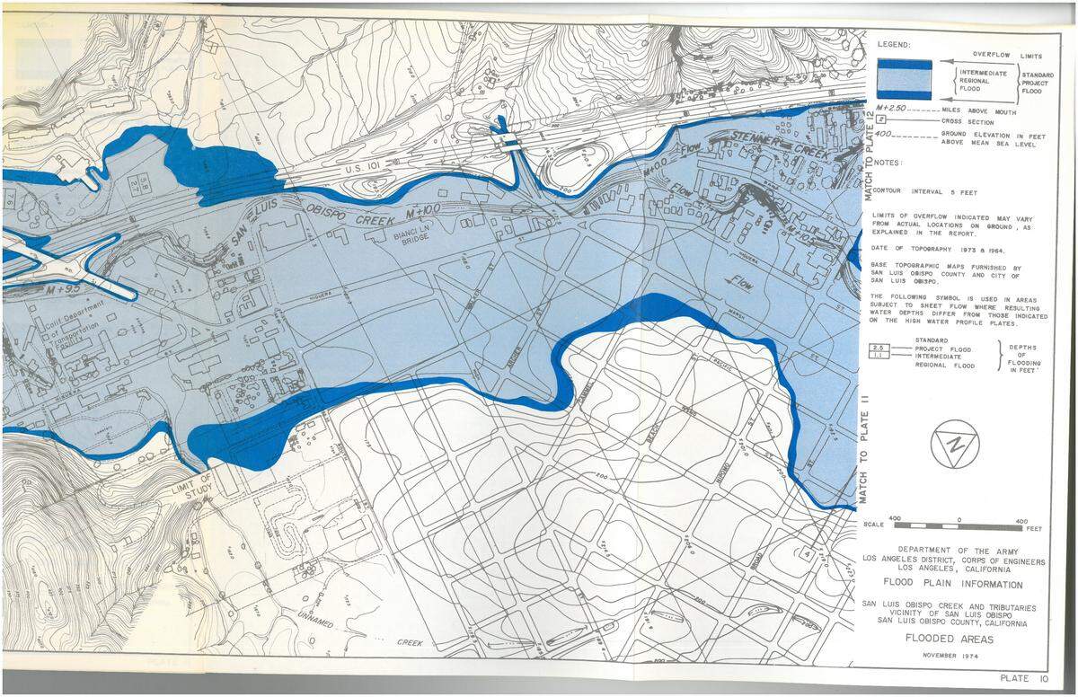 Madonna Road crossing of 101 is an island in the flood zone. U.S. Army Corps of Engineers, San Luis Creek flood map after 1973 flood of San Luis Obispo.