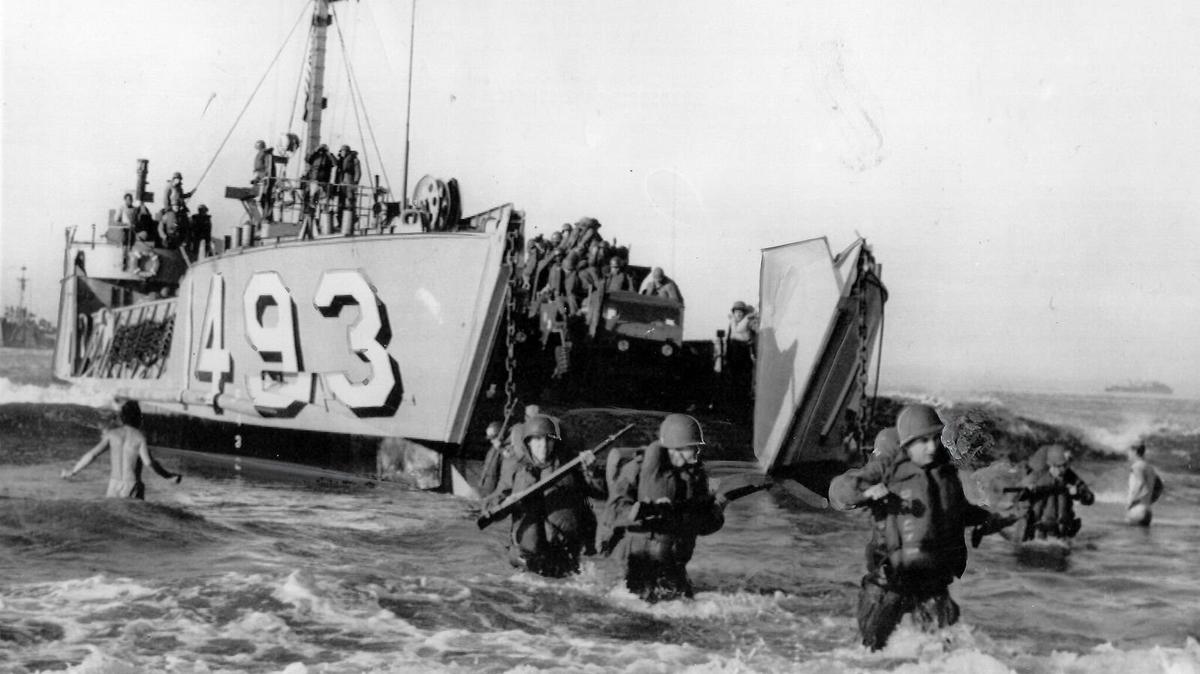 An LSI (Landing Ship Infantry) brings troops ashore at San Simeon during Operation Surf Board on March 21, 1955. There were 5,000 soldiers and 12,000 sailors on 50 ships involved in the exercise.