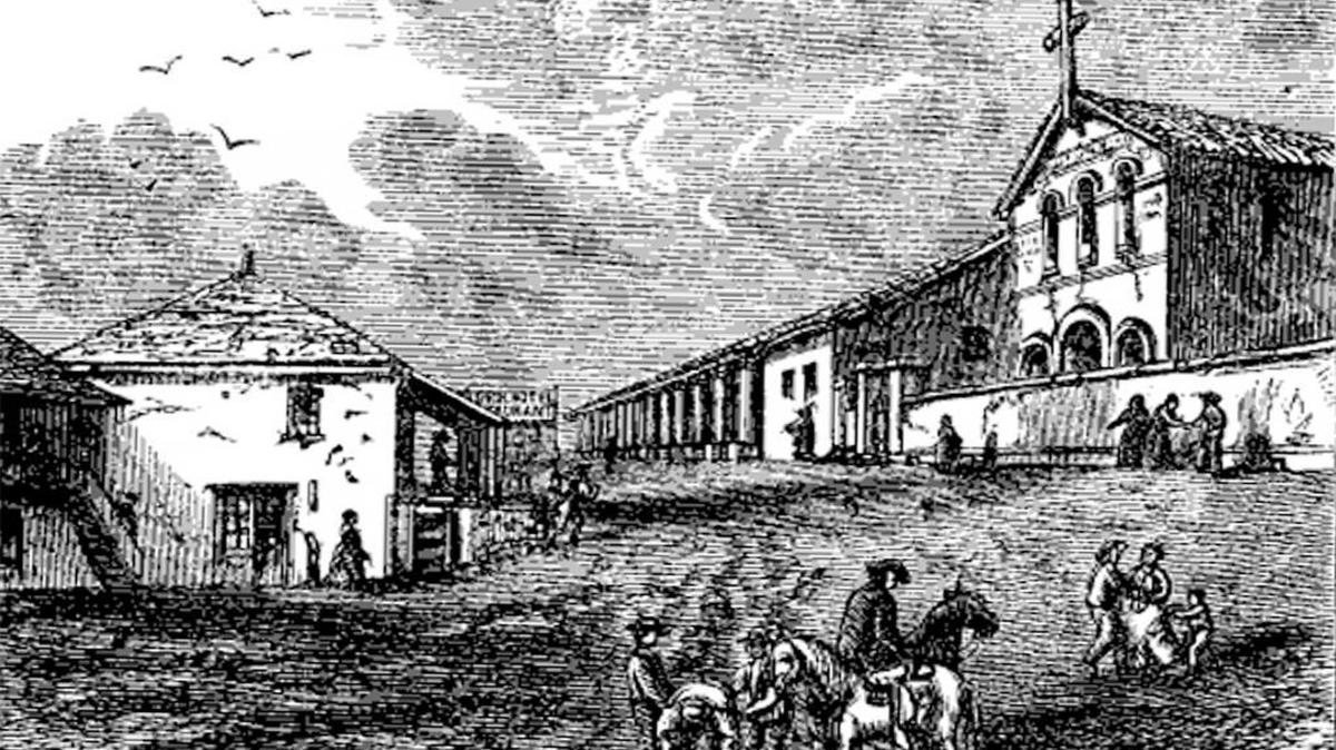 Mission San Luis Obispo appears in a woodcut from the October 1871 edition of Overland Monthly. It was part of a 15-page article titled “Tropical California.”