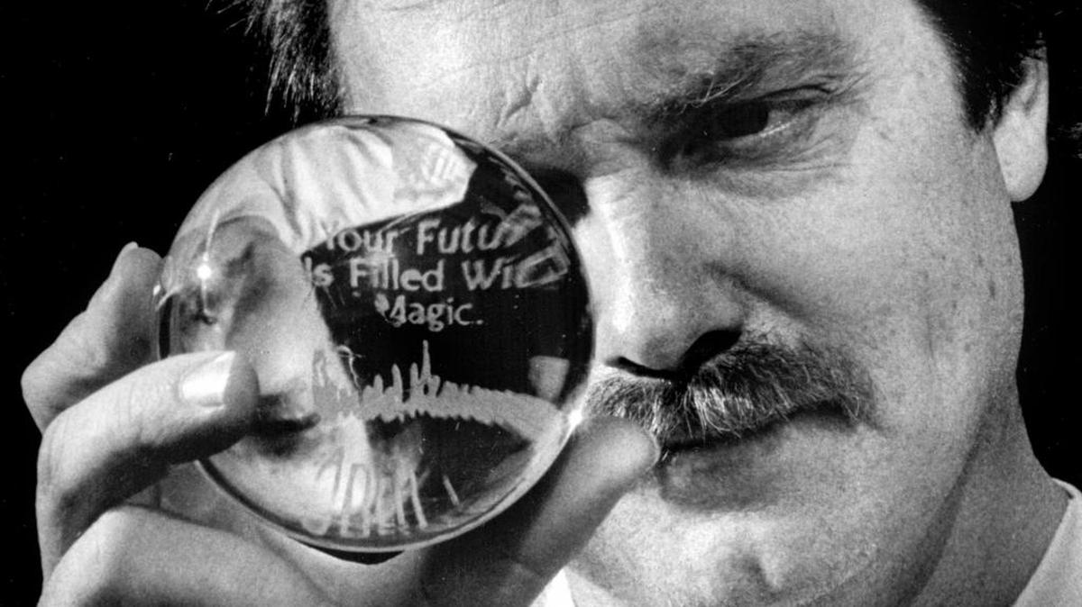 Robert Hooper gazes into one of the thousand crystal balls he made up for the Taj Mahal opening in 1990.