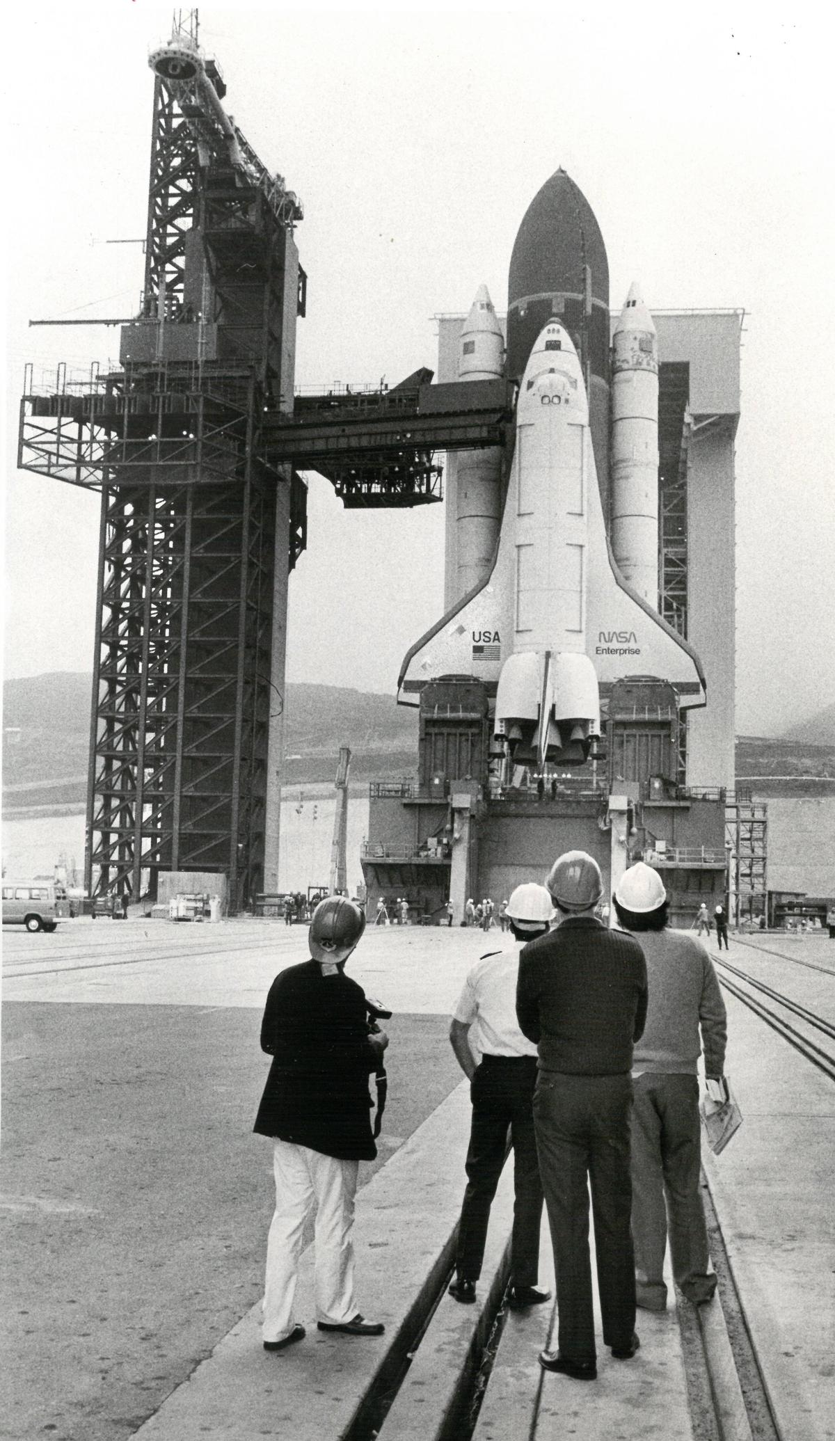The space shuttle Enterprise was fitted and staged for photos at the SLC-6 (Space Launch Complex) at Vandenberg Air Force Base on Feb. 19, 1985, after being flown in on the back of a 747.
