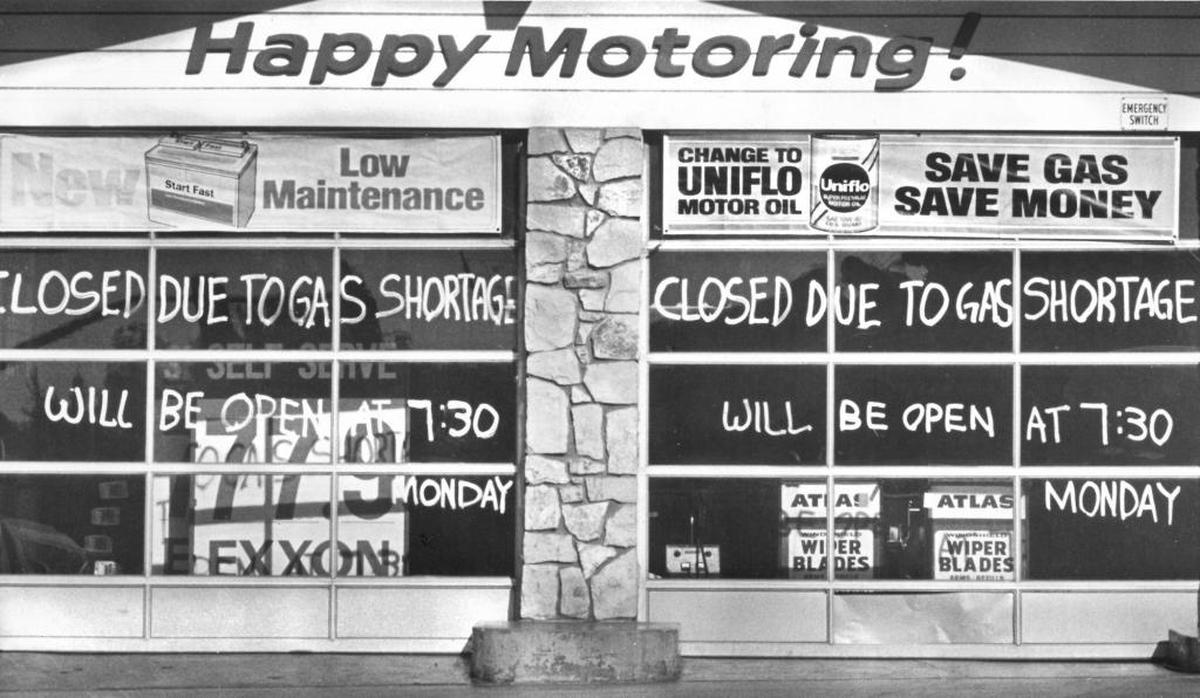 San Luis Obispo’s Chamber of Commerce pushed for a special gasoline allocation to prevent closings such as this one from stranding visitors to Poly Royal in 1979.