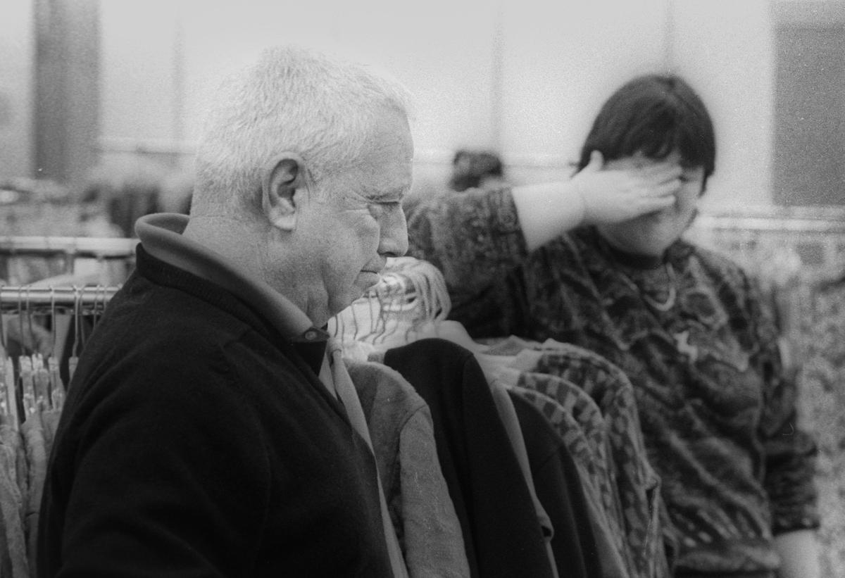 Former owner Ross Humphrey, left, and tearful manager Kim Humphrey thanked staff Sunday at closing time as 105 year old local department store, Rileys closed for the last time January 31, 1993. David Middlecamp/The Tribune 1-31-1993