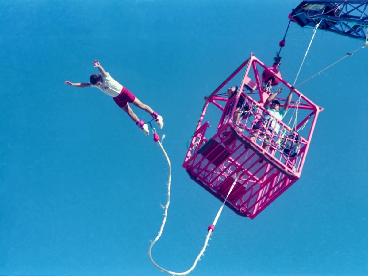 Russ Richardson of Coalinga takes a leap of faith from the World Bungee tower at the California Mid-State Fair in Paso Robles in August 1992.