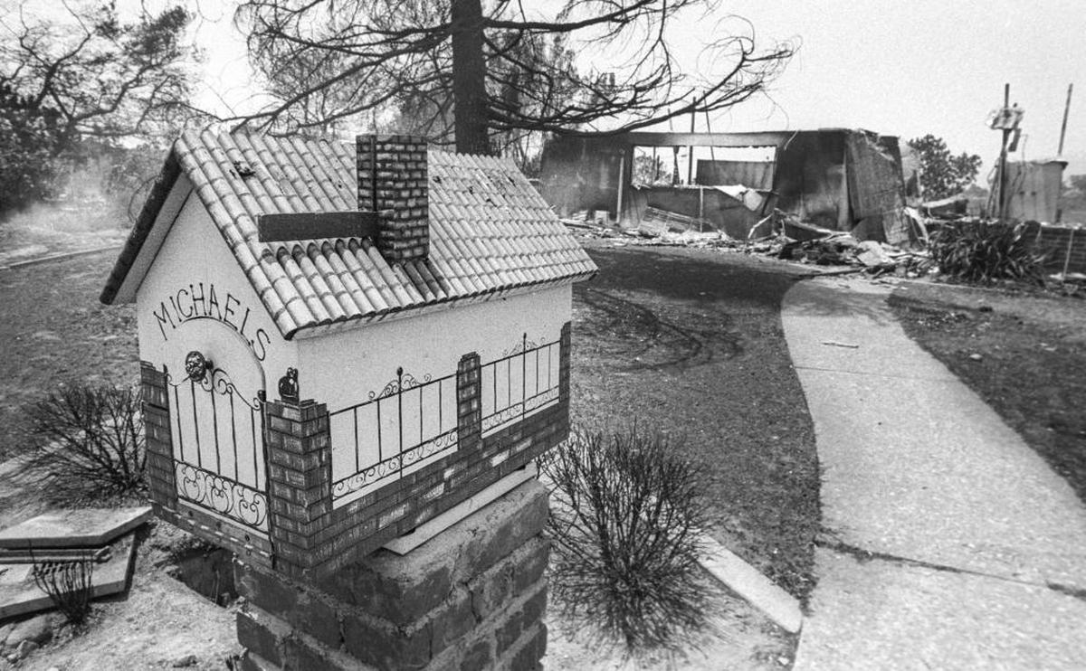 The mailbox survived but the house was lost in the aftermath of the 1990 Painted Cave Fire near Santa Barbara.
