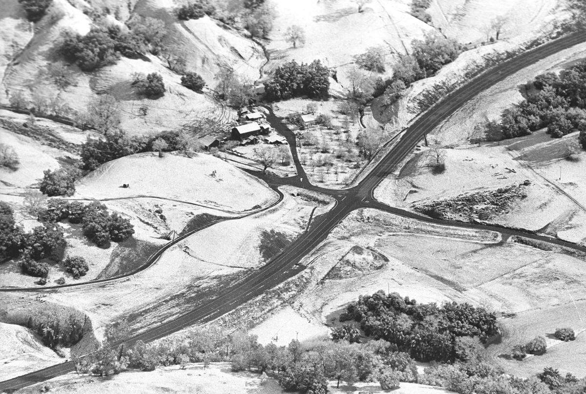 Snow covers the landscape near Highway 46 intersection between Paso Robles and Cambria This aerial photo was taken March 3, 1976.