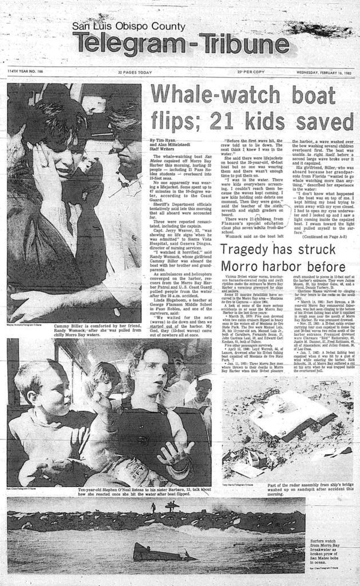 Front page of the Telegram-Tribune on Feb. 16, 1983, was taken up fully by news of the wreck of the San Mateo in Morro Bay.