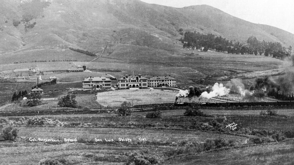 A Southern Pacific freight train steams northbound past Cal Poly in San Luis Obispo circa 1907.