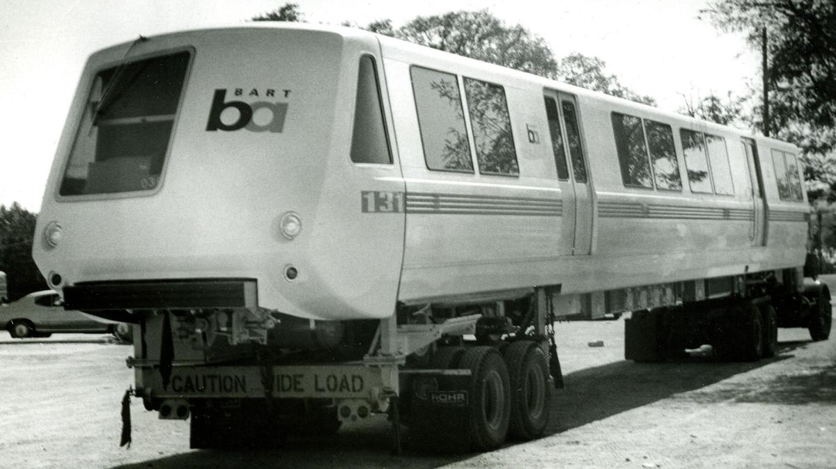 A Bay Area Rapid Transit train car makes a stop in Paso Robles in July 1972. The 75-foot car was being transported from Rohr Manufacturing Corp in Chula Vista to Hayward.