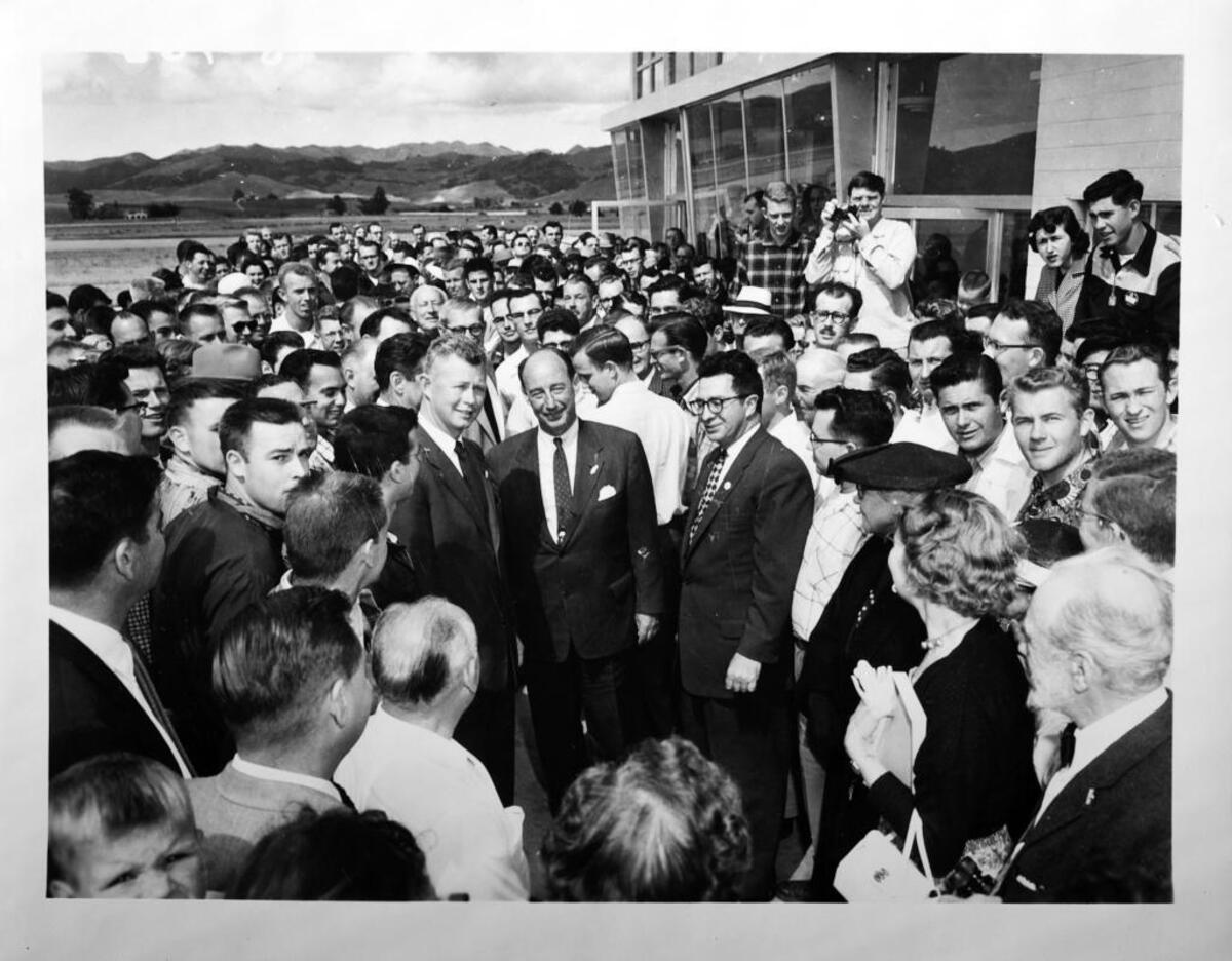 1956: Mayor Timothy O’Reilly in glasses next to presidential candidate Adlai Stevenson Monday, May 7, 1956, in San Luis Obispo.
