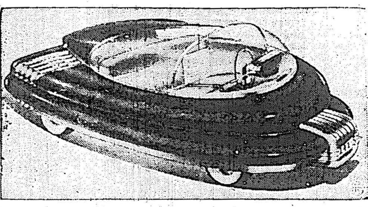 The beetle-like shape of George W. Walker’s post-war prototype “car of the future” makes it difficult to tell fore from aft, but the license-plate end, right, is the front of the car. The motor is mounted in the rear. Like most of these models, this one has a transparent plastic top, with the body panels made of other plastics. The sketch was published in 1942.