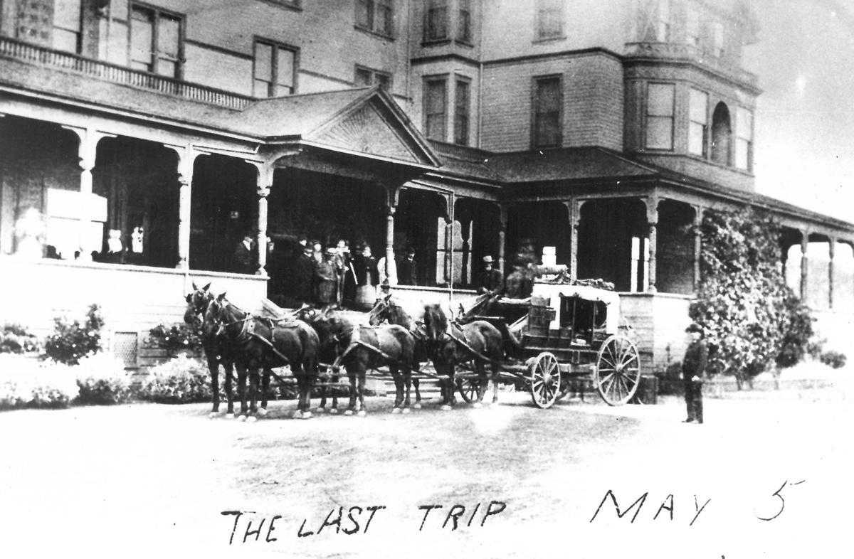 About a dozen people pose for a photo with a six-horse stagecoach outside the Ramona Hotel in San Luis Obispo on May 5, 1894. The last stagecoach over the Cuesta Grade departed as the Southern Pacific Railroad arrived in town.