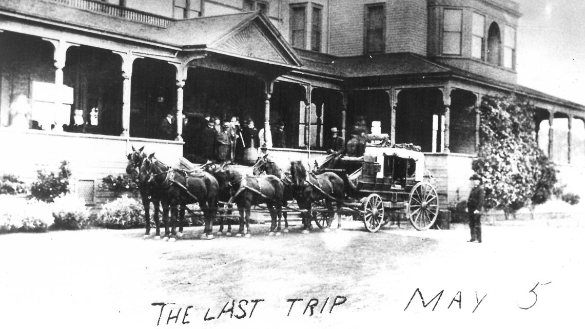 About a dozen people pose for a photo with a six-horse stagecoach outside the Ramona Hotel in San Luis Obispo on May 5, 1894. The last stagecoach over the Cuesta Grade departed as the Southern Pacific Railroad arrived in town.