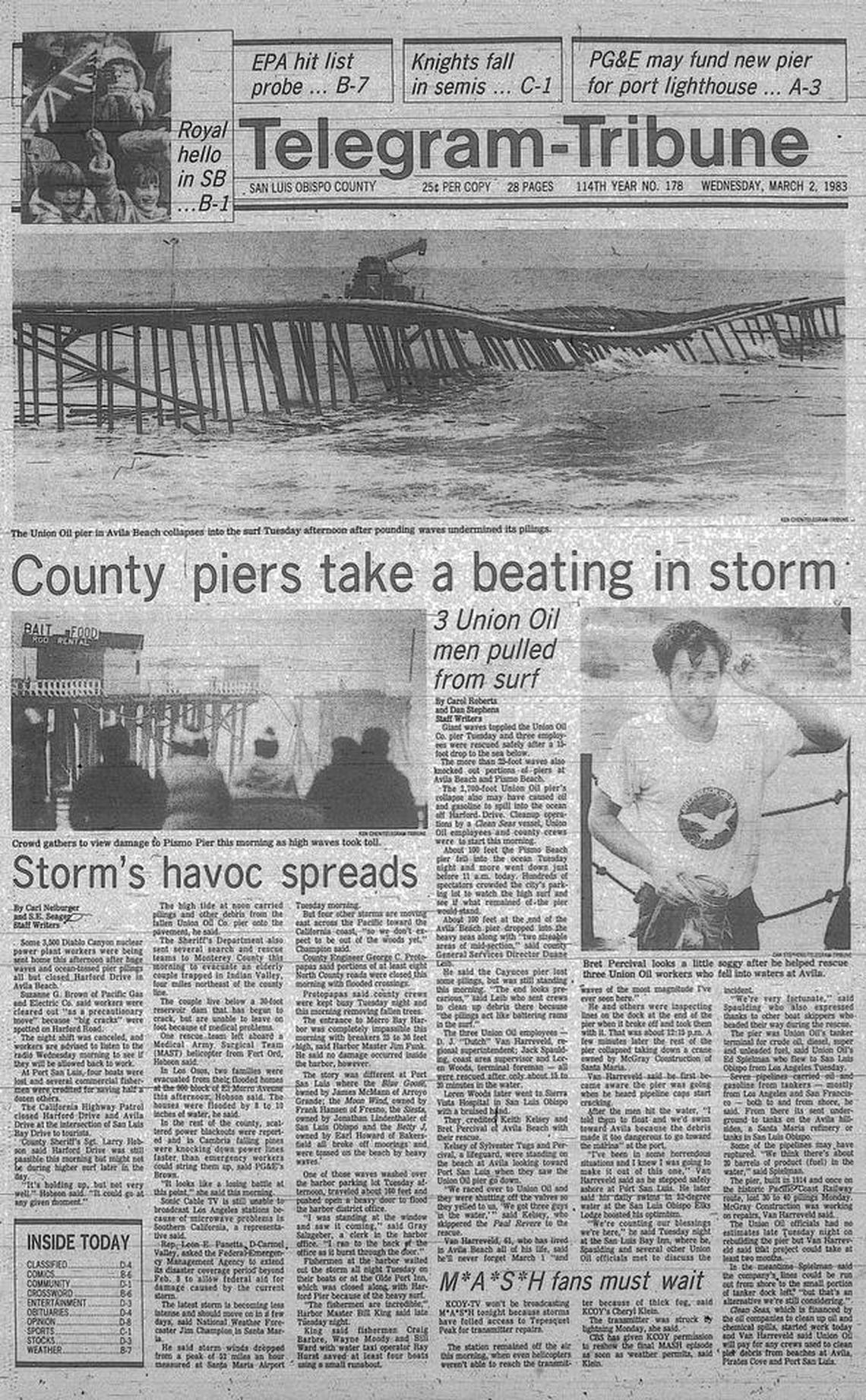 Front page March 2, 1983 Telegram-Tribune after ocean storms damage piers in Avila Beach.