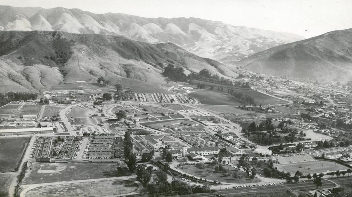 This aerial of Cal Poly was made after Engineering East was built in 1957 but before Silver City trailers (center of photo) were removed to build the brick dorms in 1958-59.