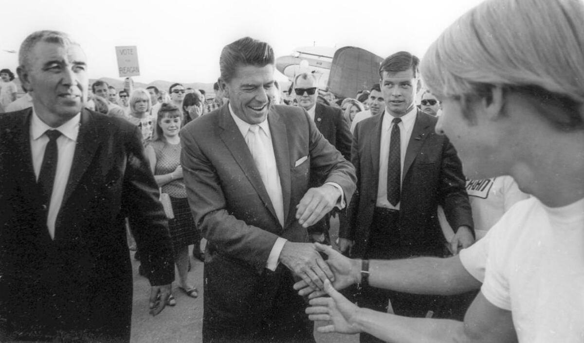 1966: Ronald Reagan campaigning on the Central Coast for California governor. At left is state Sen. Vernon L. Sturgeon.