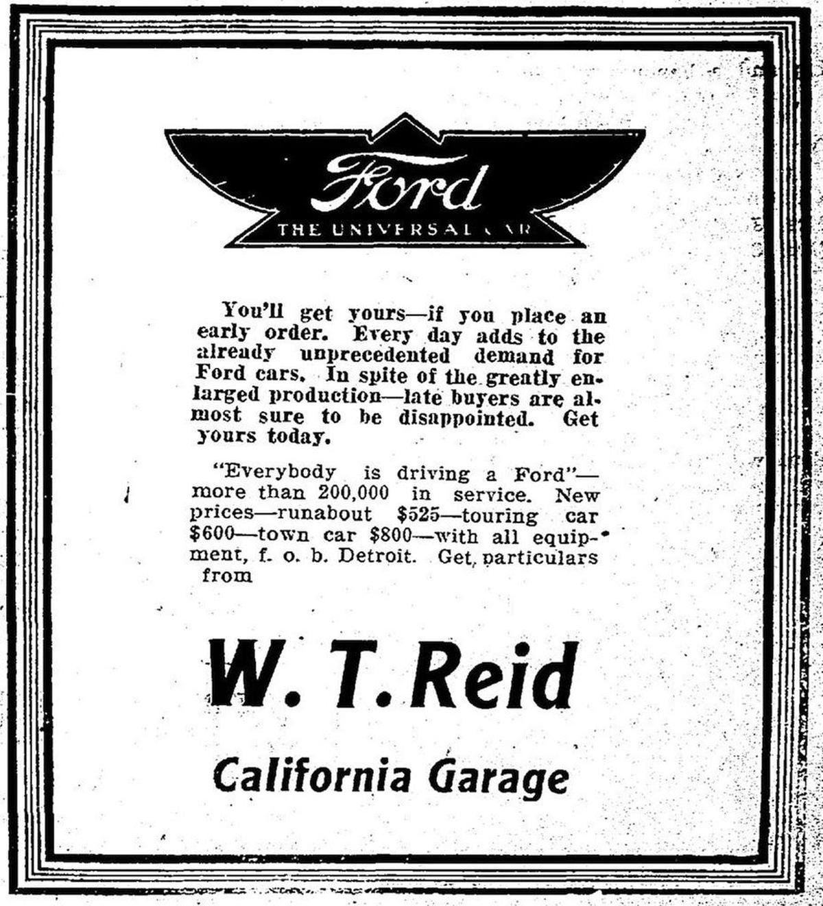 An ad in The Telegram on Feb. 10, 1913, lists a Ford Model T town car at $800 and a runabout at $525.