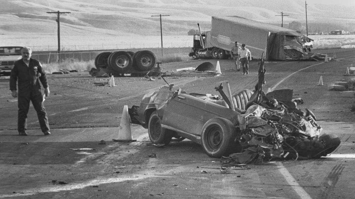 Five men died and one was seriously injured in the mangled car in the foreground on Highway 46 in September 1988. The early-morning accident on the Cholame Creek Bridge near Shandon involved a sedan and a tractor-trailer.