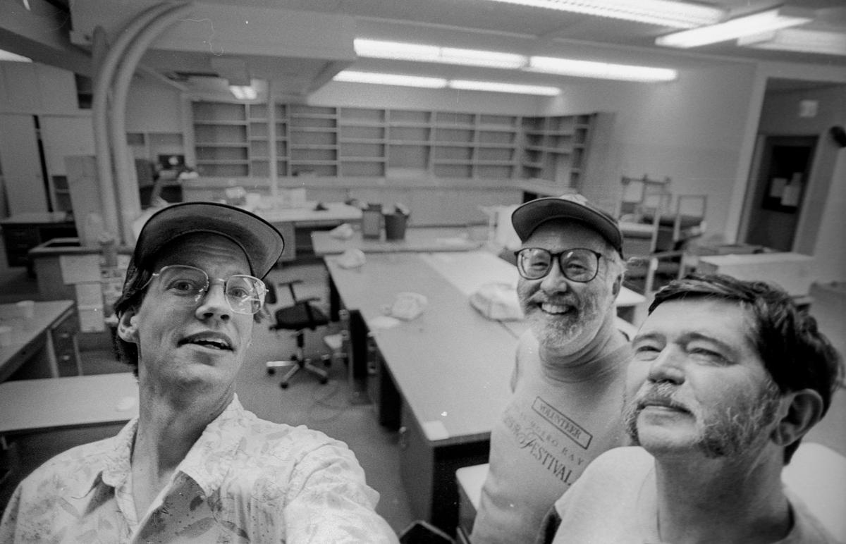 The Telegram-Tribune newsroom packed up to move from 1321 Johnson Ave. to 3825 S. Higuera. From the left photographer David Middlecamp takes a selfie with City Editor Larry Mauter and copy editor Jerry Megahan. David Middlecamp 4-9-1993