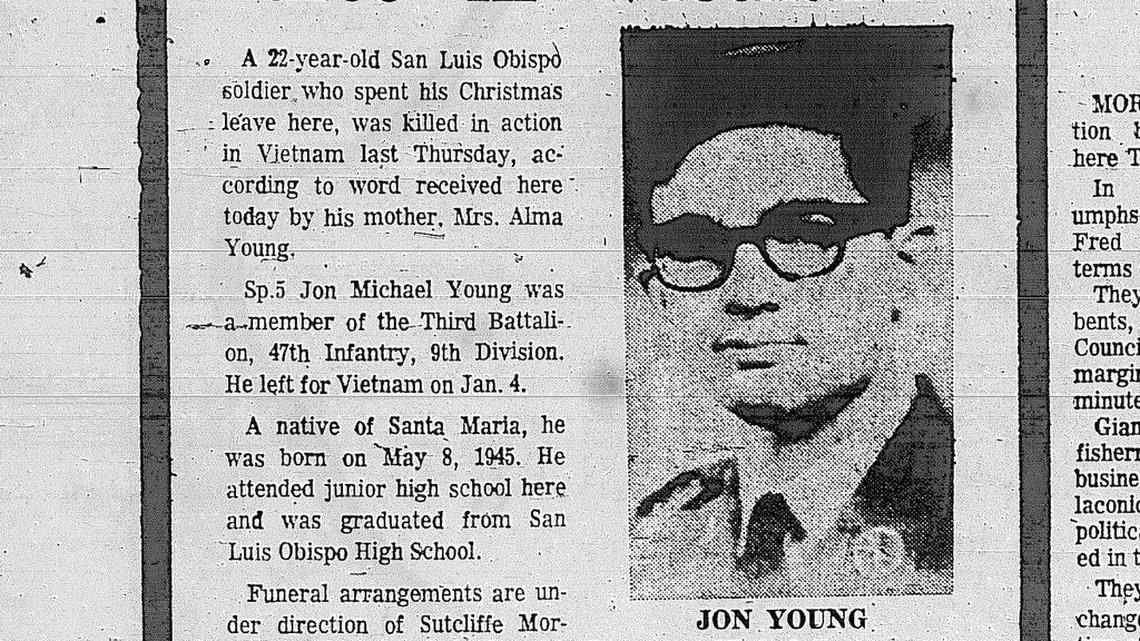 The Telegram-Tribune carried this story on the front page, bordered in black, noting the death of Jon Young in Vietnam in April 1968.