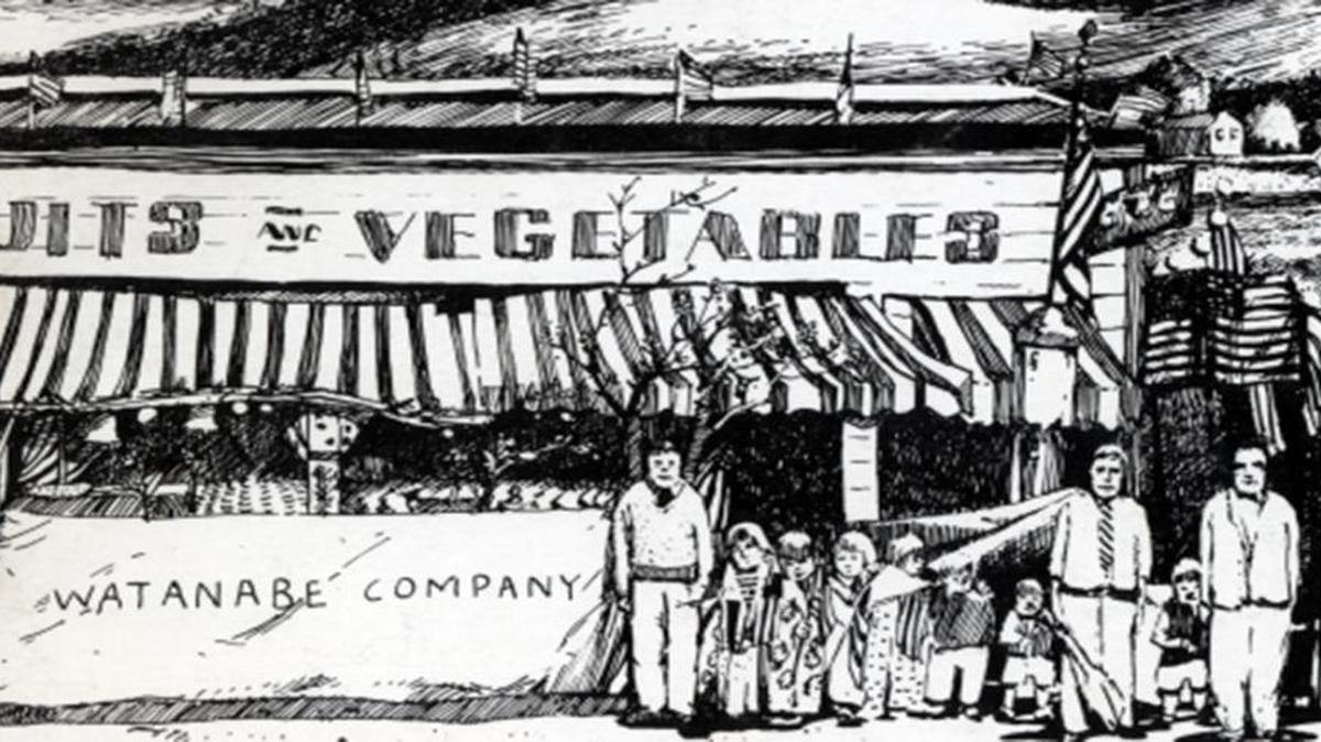 Pen and ink sketch by Alison Bryan and Mark Beck of the Watanabe store at South and Higuera streets in San Luis Obispo. The sketch is based on a July 4, 1928 photo.
