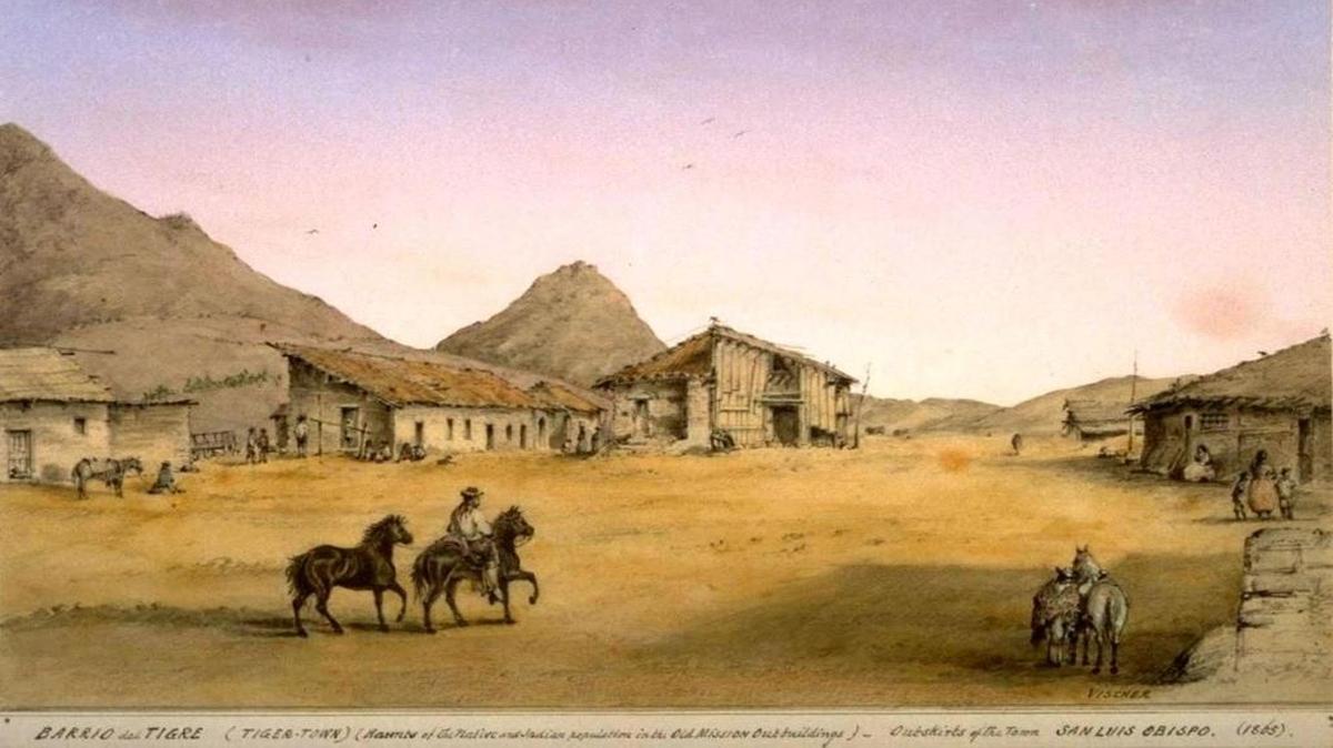 San Luis Obispo in the 1850s, as portrayed by “El Barrio de Tigre” by Edward Vischer, 1861.