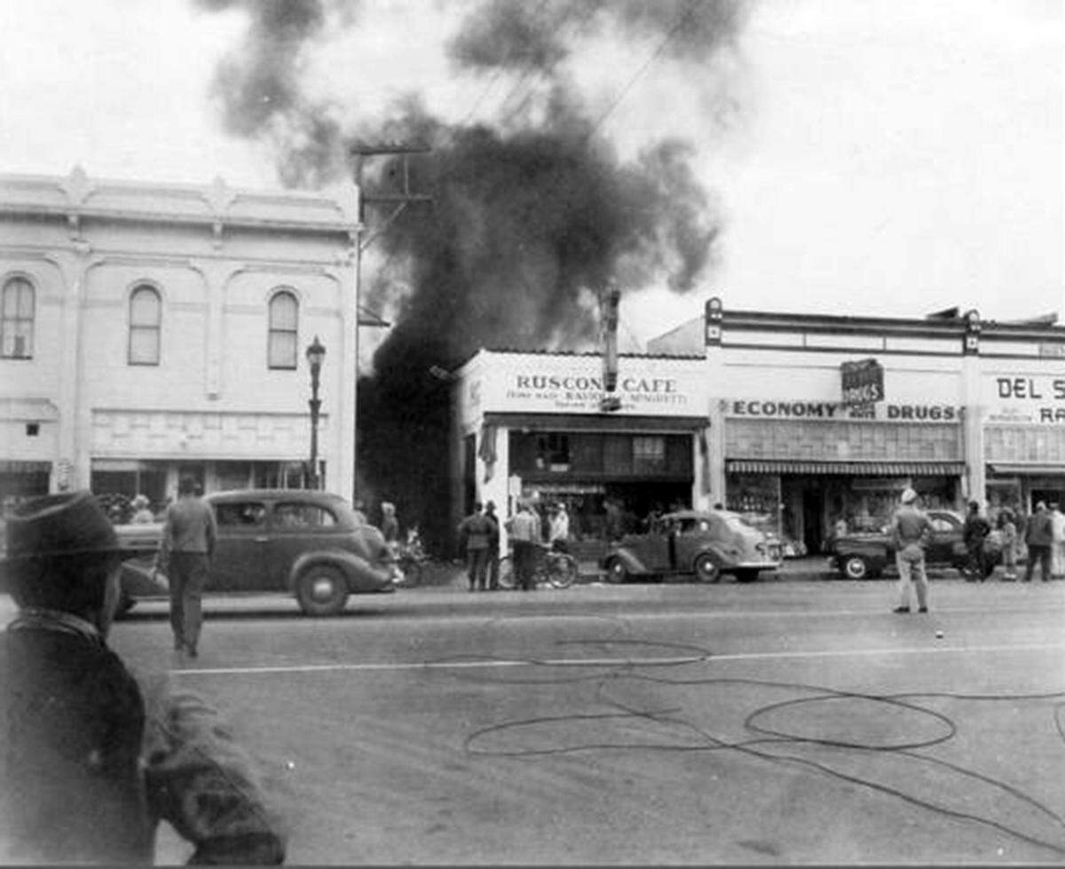 A Lockheed P-38 Lightning plane crashes into the Rusconi Café on Main Street in Santa Maria on January 30, 1945.