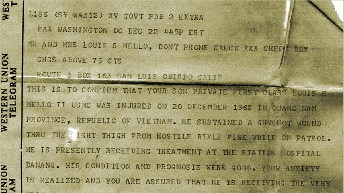 A telegram from Lt. Gen. Lewis W. Walt, Acting Commandant of the U.S. Marine Corps reporting that Pvt. Louis S. Mello II had been wounded in battle in Vietnam on December 20, 1968.